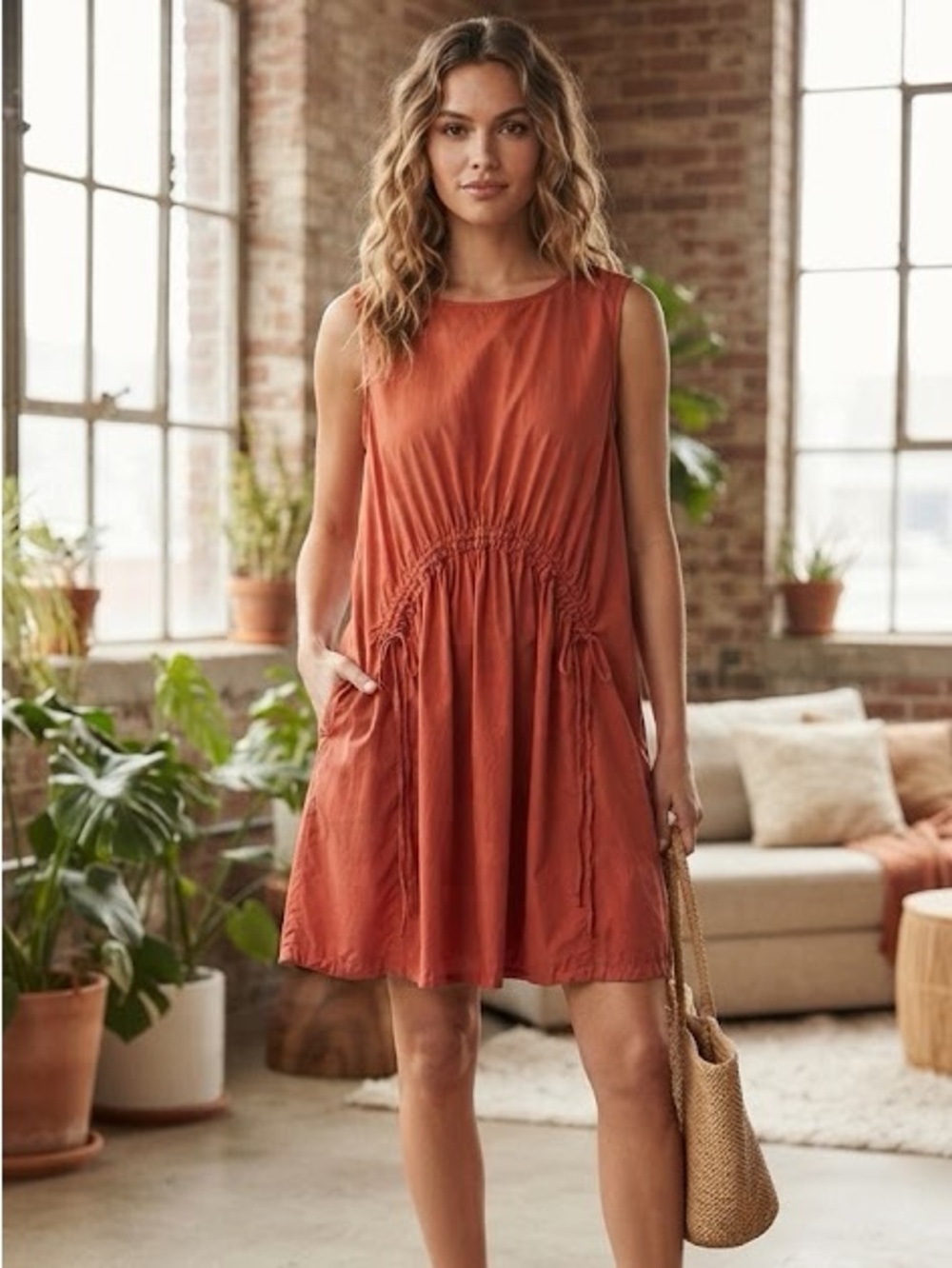 Halogen Rust Sleeveless Dress with ruched area